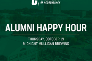 Turner Achool of Accountancy Alumnin Happy Hour, Thursday, October 19, Midnight Mulligan Brewing, white text and logo on green background