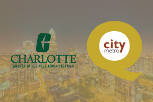 UNC Charlotte logo and QCity Metro logo placed over the Charlotte skyline