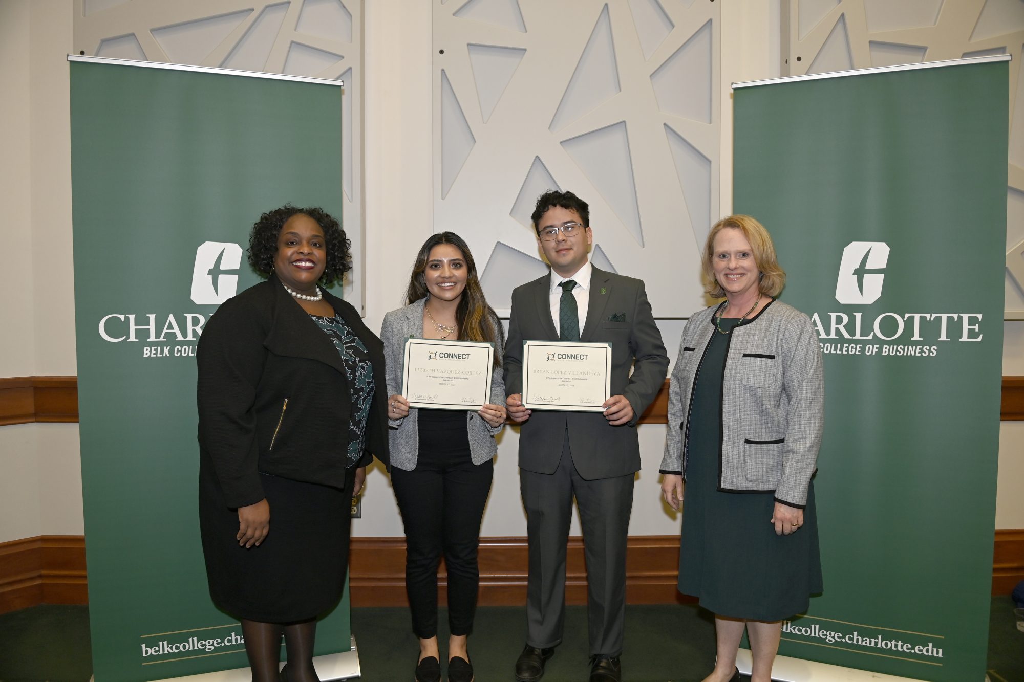 Dr. Natasha Randle, students Bryan Lopez Villanueva and Lizbeth Vazquez-Cortez, and Dean Jennifer Troyer