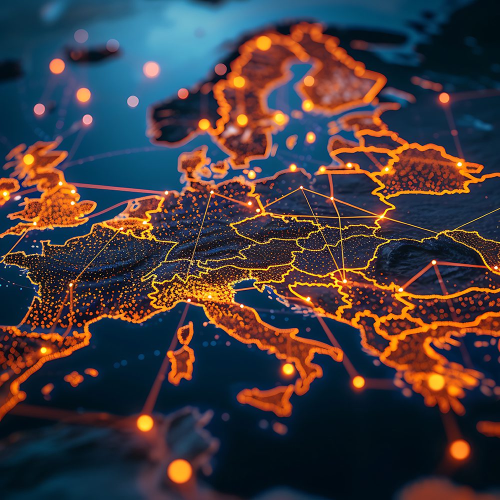 Belk College of Business Management + International Business; A map of Europe with orange lines connecting the countries. The map is lit up and he is a computer generated image