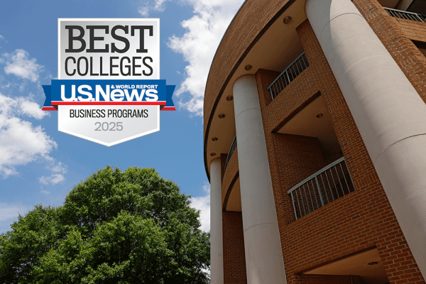 Belk College of Business Friday building on main campus with USNWR badge