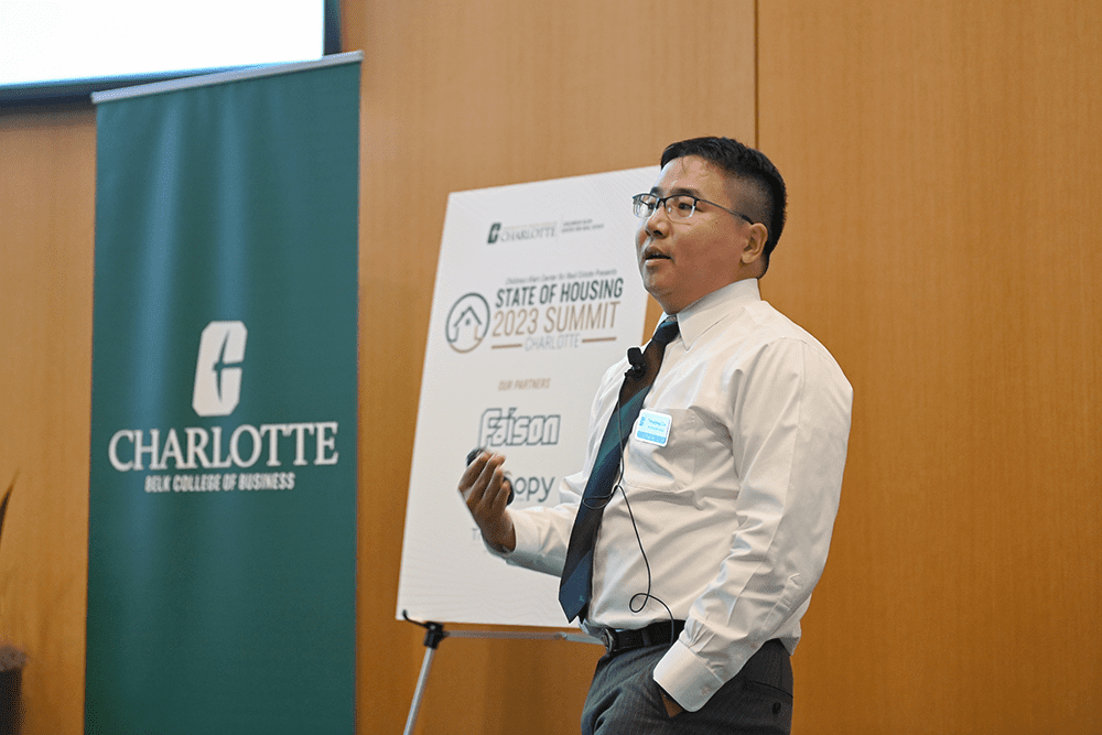 Yongqiang Chu, director of the Childress Klein Center for Real Estate, presents the State of Housing in Charlotte report each year to developers, government and economic development officials, community stakeholders and the media.