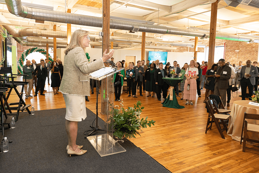 Chancellor Gaber addresses the crowd at the CO-LAB grand opening on March 12, 2025.