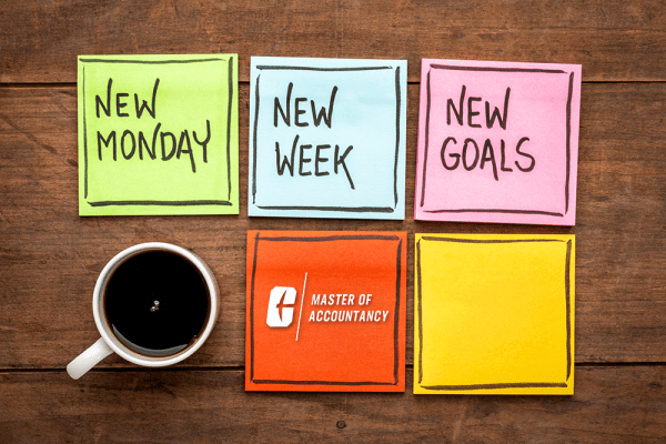 A motivational flat lay on a wooden surface featuring five colorful sticky notes and a white coffee cup filled with black coffee. The notes read: “NEW MONDAY” (green), “NEW WEEK” (blue), “NEW GOALS” (pink), and “MASTER OF ACCOUNTANCY” with the UNC Charlotte logo (orange). One yellow note is blank with a border. The arrangement suggests a fresh start to the week with academic or professional focus.