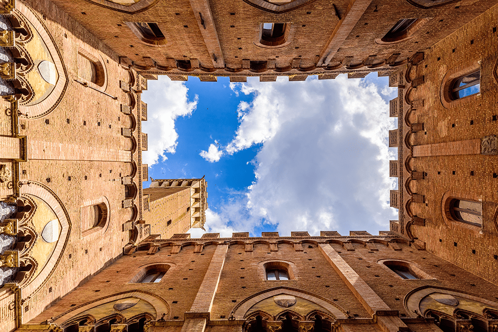 View from inside the Palazzo Pubblico at Piazza del Campo, Siena, Italy