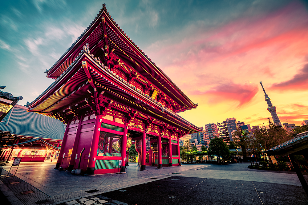 Sensoju Temple with dramatic sky and Tokyo skytree