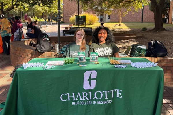 Two Belk College of Business student ambassadors sit behind a green Charlotte‑branded table while tabling for their program on campus. The table displays brochures, pens, gold candies and additional green promotional items, with students walking and trees visible in the background.