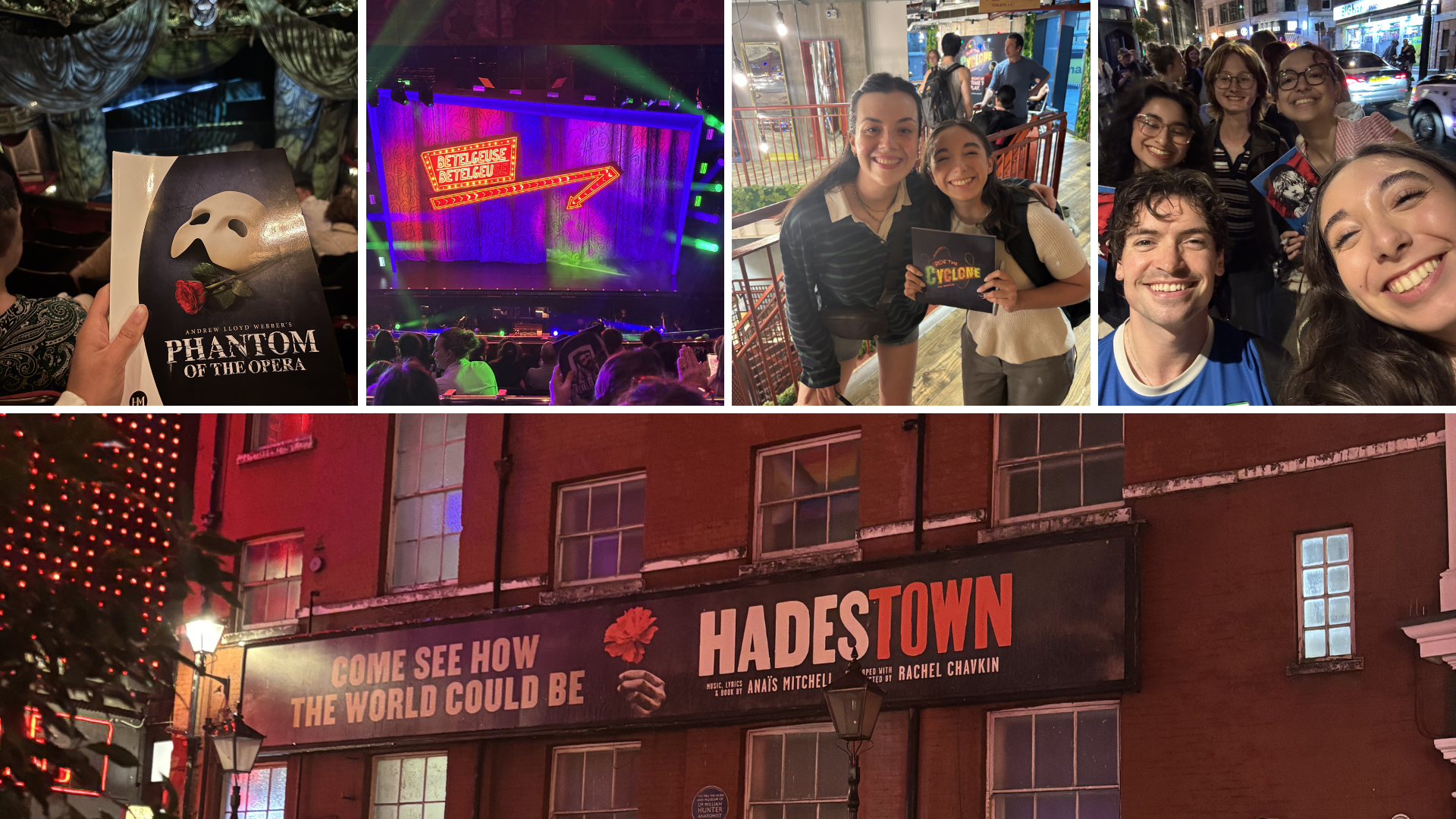Collage of theatre experiences in London. Includes programs and stage views from Phantom of the Opera, Beetlejuice, Ride the Cyclone, and Hadestown, plus photos of Karla Paulino and friends attending performances.