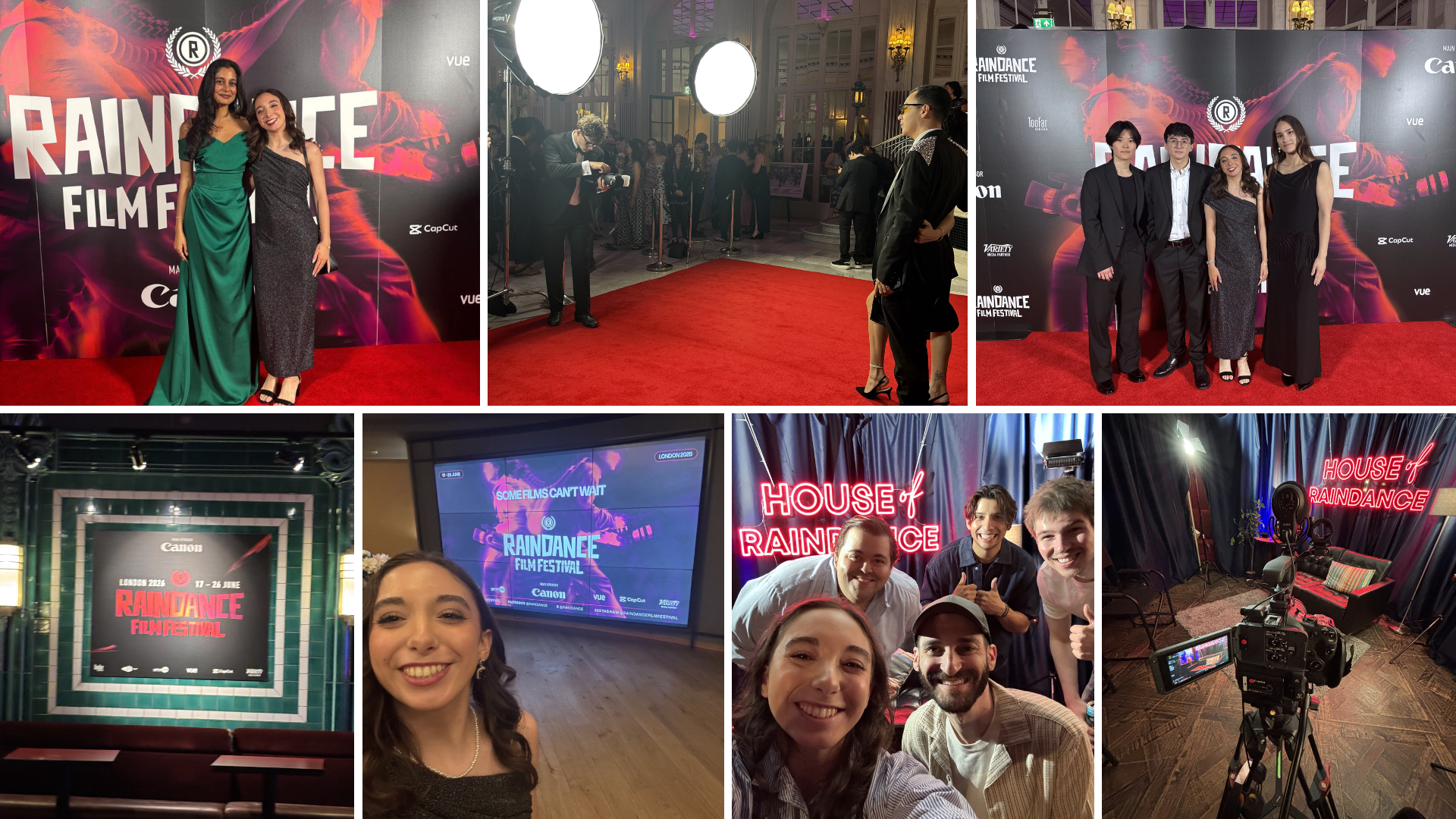 Collage of scenes from the Raindance Film Festival. Includes red carpet photos, event signage, a selfie with festival branding, and behind‑the‑scenes shots from the “House of Raindance” interview space.