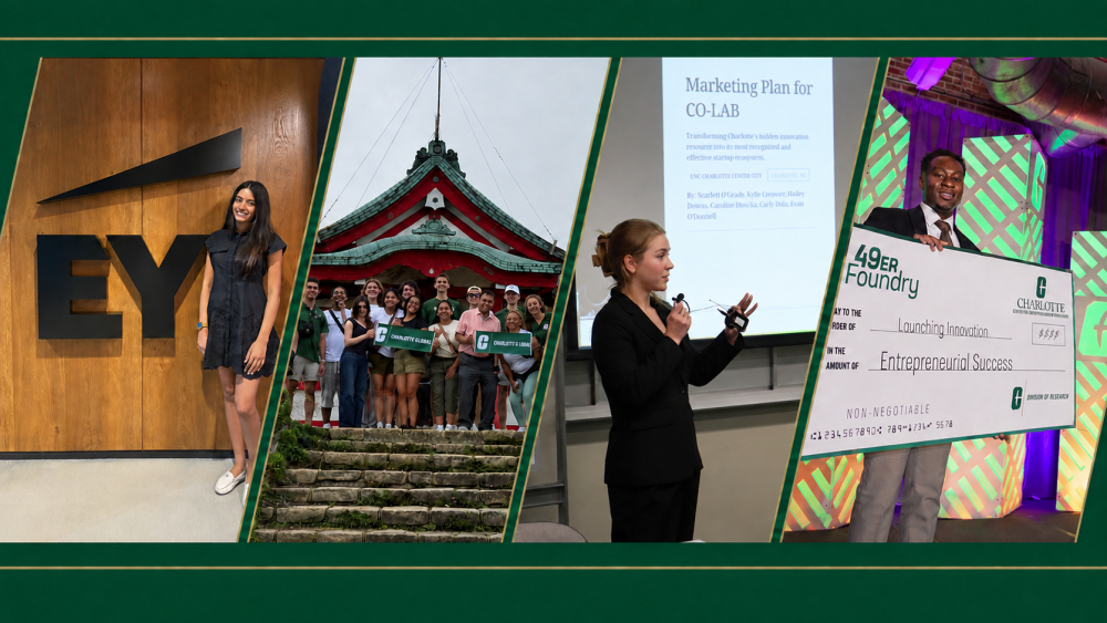 Belk College students completing an internship, studying abroad, presenting a client project and participating in an entrepreneurship competition.