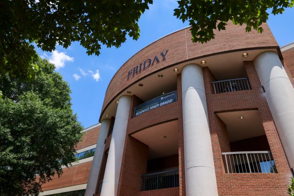 UNC Charlotte's Belk College of Business, seen here with a photo of the Friday building, ranks among the nation’s top 75 public institutions for undergraduate business in U.S. News & World Report’s 2027 Best Colleges rankings